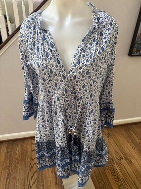 Delfina 100% Cotton Floral Long Sleeve Dress Blue White Size Large